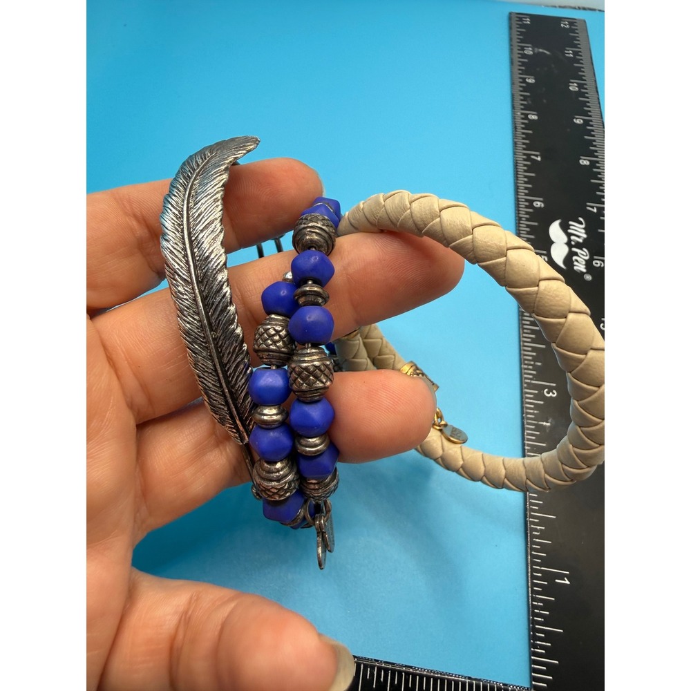 Alex and Ani Bracelet Feather Bangle Blue Beaded Braided Cream 3 Piece‎ Set